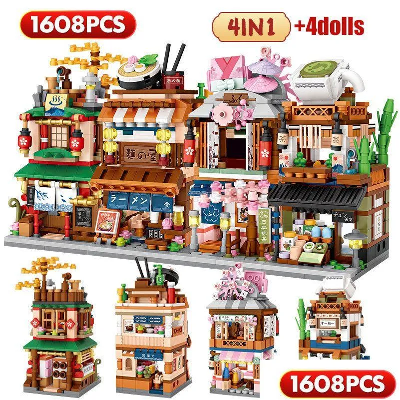 Bloklar Mini City Street View Noodle Shop House Binası 4 Arada 1 Japon Mimarlık Arkadaşları Figürleri Çocuklar İçin Tuğla Oyuncaklar De Dabe