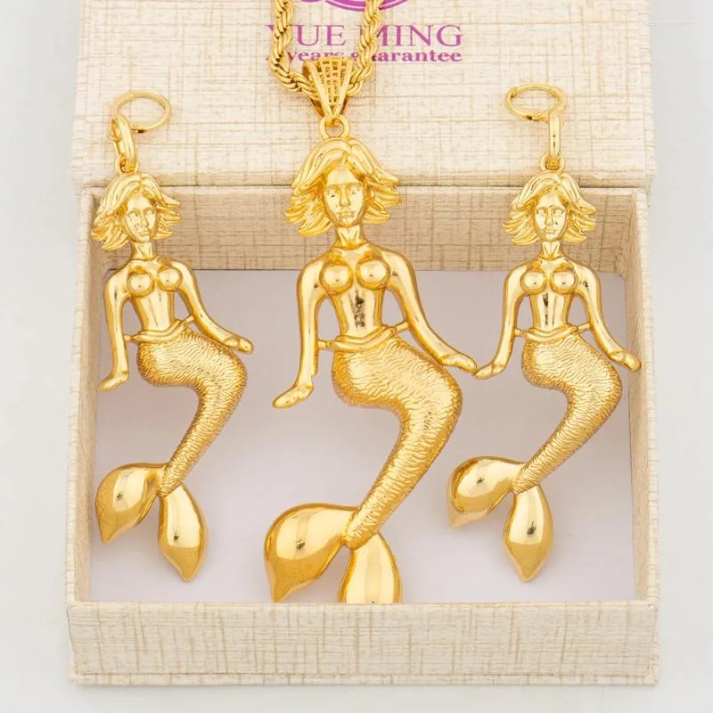 Ensemble de boucles d'oreilles et collier en forme de sirène pour femmes, bijoux avec boîte-cadeau, pendentif en cuivre plaqué or 18 carats, luxe, fête de mariage à dubaï