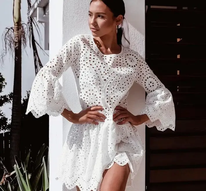 Dress Lace embroidery cotton dress women Ruffle sleeve causal white dress Hollow out spring Summer Beach short dress vestidos