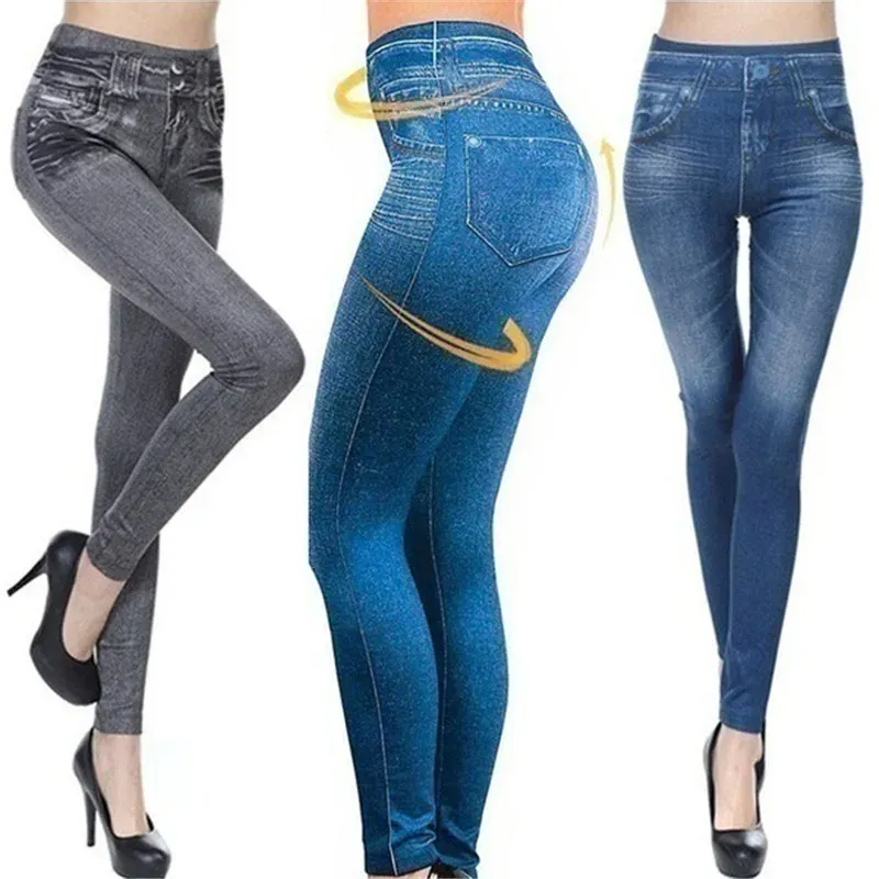 Leggings de Fitness avec fausses poches, taille haute, en Faux Denim, Sexy, élastique, doux, décontracté, pantalon crayon fin