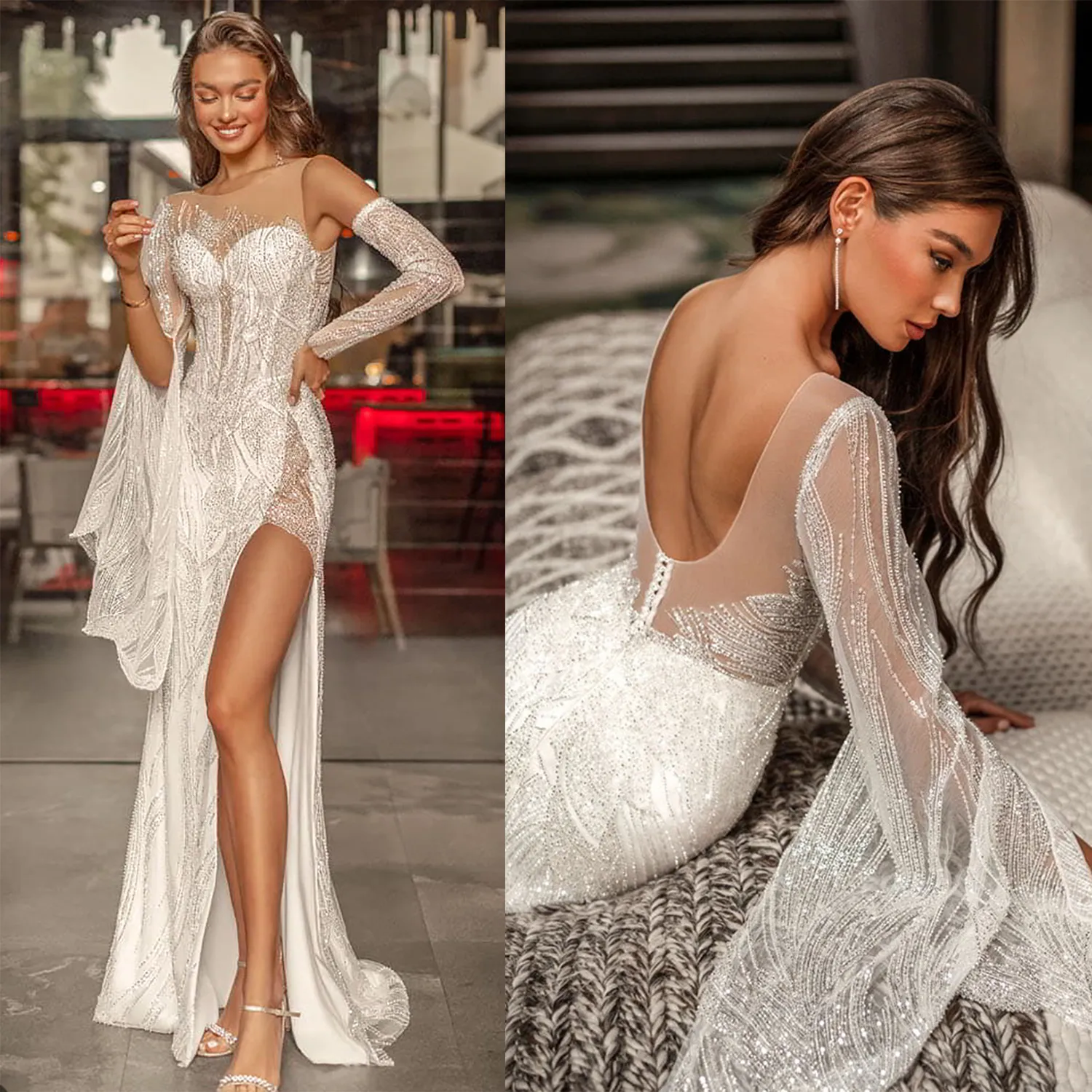 Mode Une Ligne Femmes Robe De Mariée Sheer Cou Dos Nu Robes De Mariée Paillettes Fendues Côté Balayage Train Robe Sur Mesure Robes de Novia