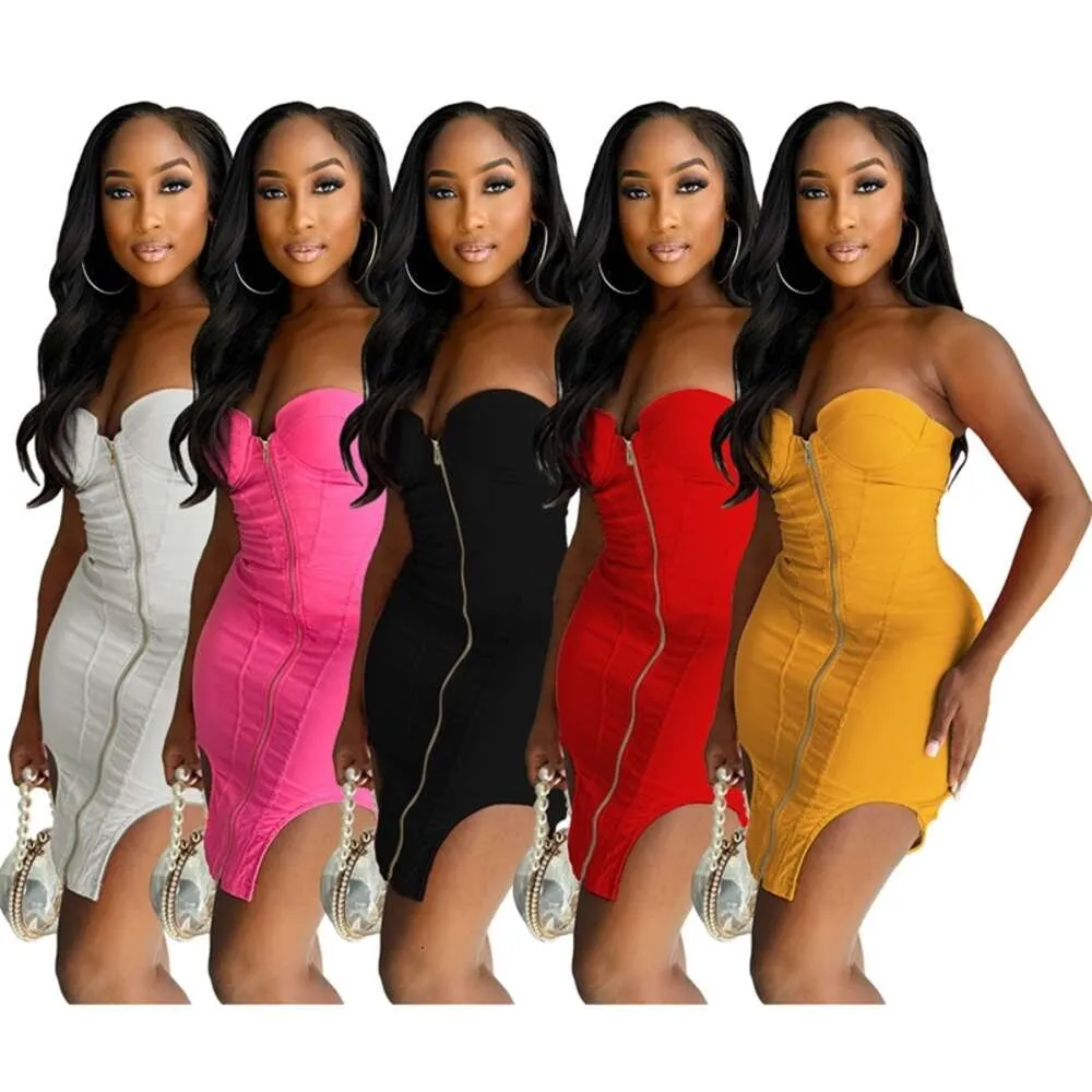 여성 드레스 디자이너 2024 새로운 패션 매운 걸 거리 섹시 불규칙한 끈이없는 드레스 (가슴 패드 포함) 뜨거운 맹렬한 5 색