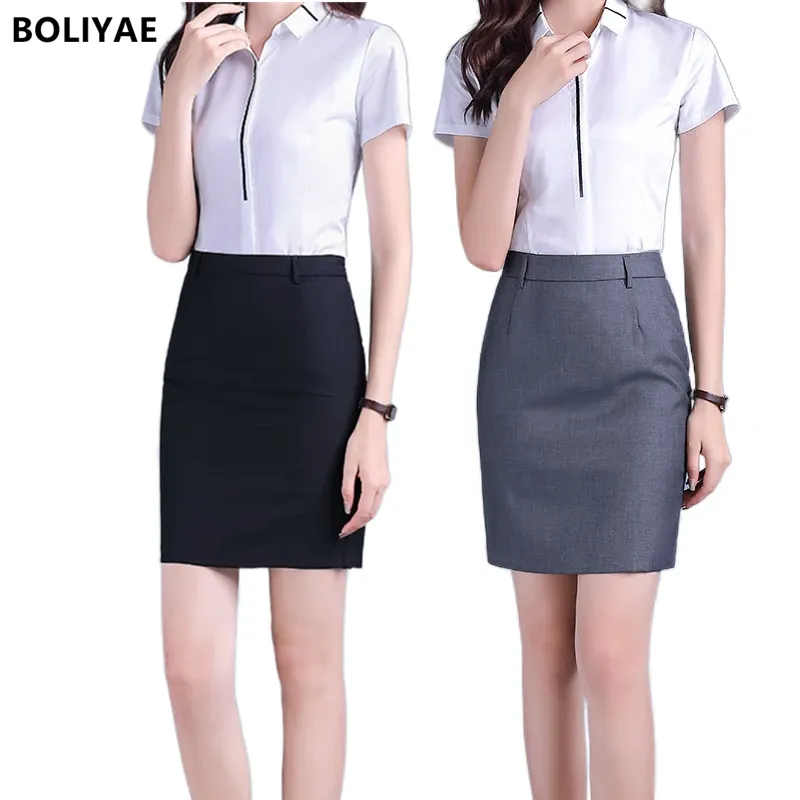 Dress Boliyae Fashion Women's Office Formal Pencil Skirt Spring Autumn Elegant Slim Short Skirt Black Elastic Waist Slit Ol Skirts 5xl