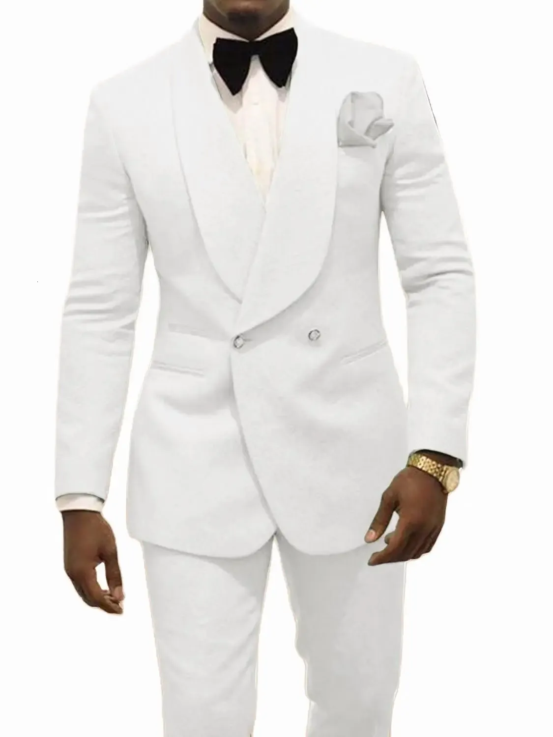 Anpassad häll Hommes Made Groomsmen White Mönster Groom Tuxedos sjal Lapel Suits 2st Wedding Jacket Pants Costume Homme 240227