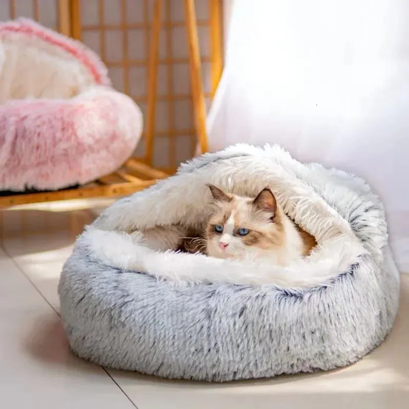 Cão quente cama de gato redonda longa pelúcia gatos casa caverna pet gatinho almofada cesta sleepping esteira para gatos pequeno cão chihuahua ninho 240226