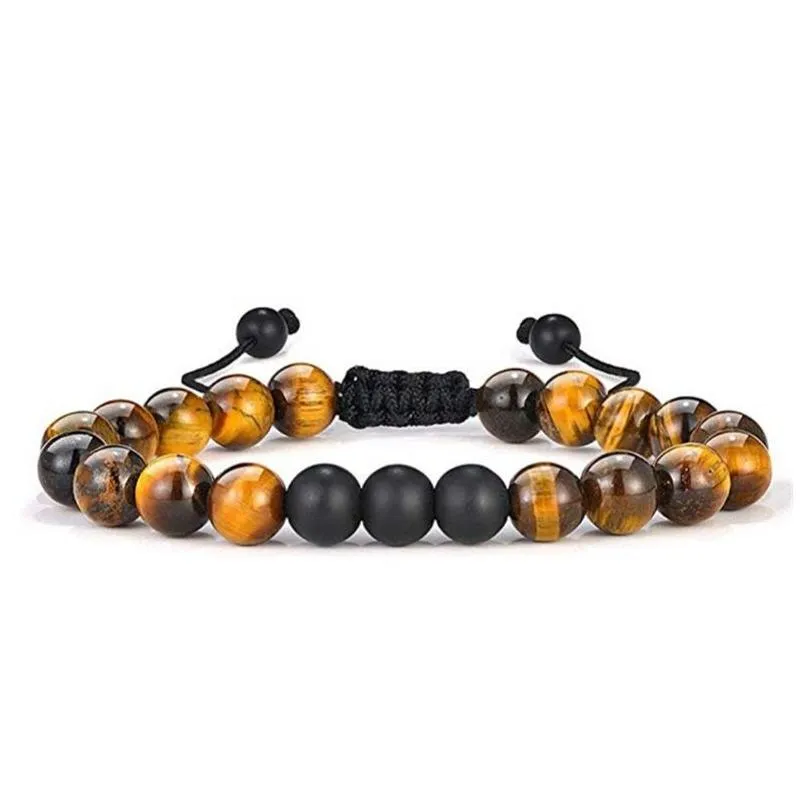 Corrente de pedra natural pulseira amarelo tigre olho fosco casal grânulo pulseiras ajustáveis ​​para homens mulheres jóias gota entrega jóias br dhq8j