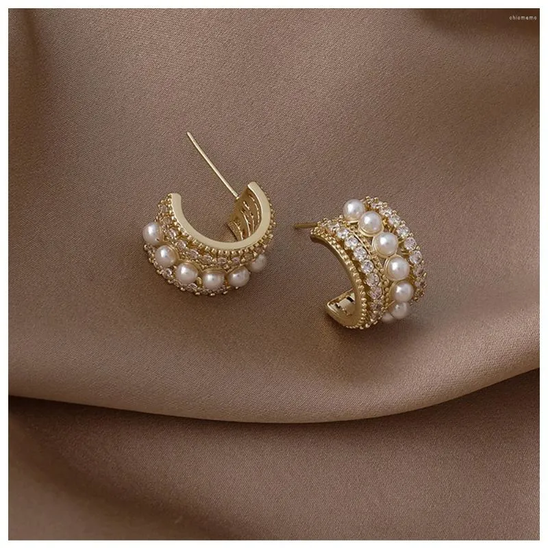 Stud Earrings 2024 Fashion Gold Color Half-round Personality Rhinestone Imitation Pearl for Female Jewelry Gift