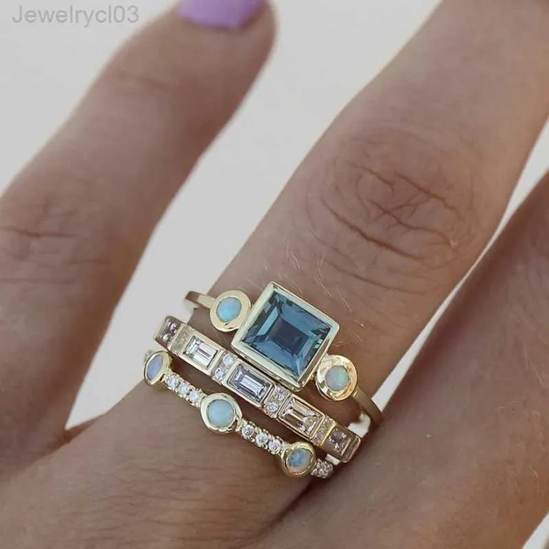 Fashion Personalized Blue Color Stone Round Square Three Piece Set Ring For Female 14k Yellow Gold Rings Women Jewelry 2024I2A2