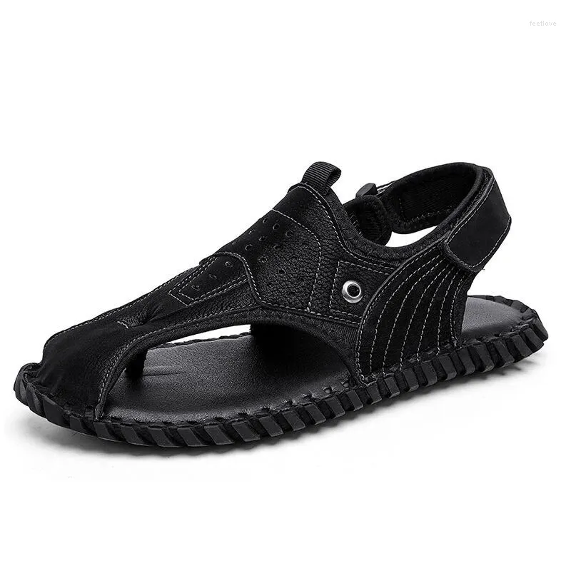 Sandalen Heren Zomer Pinch Toe Handgemaakt Leer Ademend Platte Casual Schoenen Antislip Strandslippers