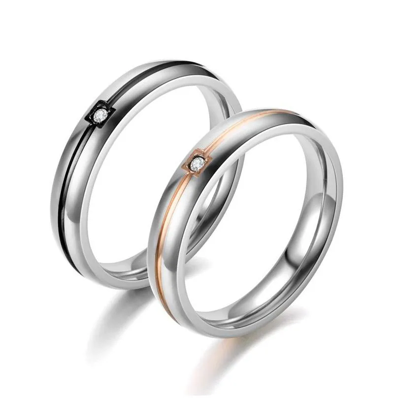 Band Ringen Roestvrij Staal Diamanten Ring Band Zwart Rose Goud Lijn Paar Engagement Trouwringen Voor Vrouwen Mannen Mode-sieraden Zal Dhtya