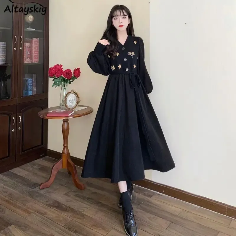 Dress Dresses Women Autumn Vintage Design Princess Midi Tender Empire Elegant Temperament Romantic Leisure Laceup Daily Korean Style