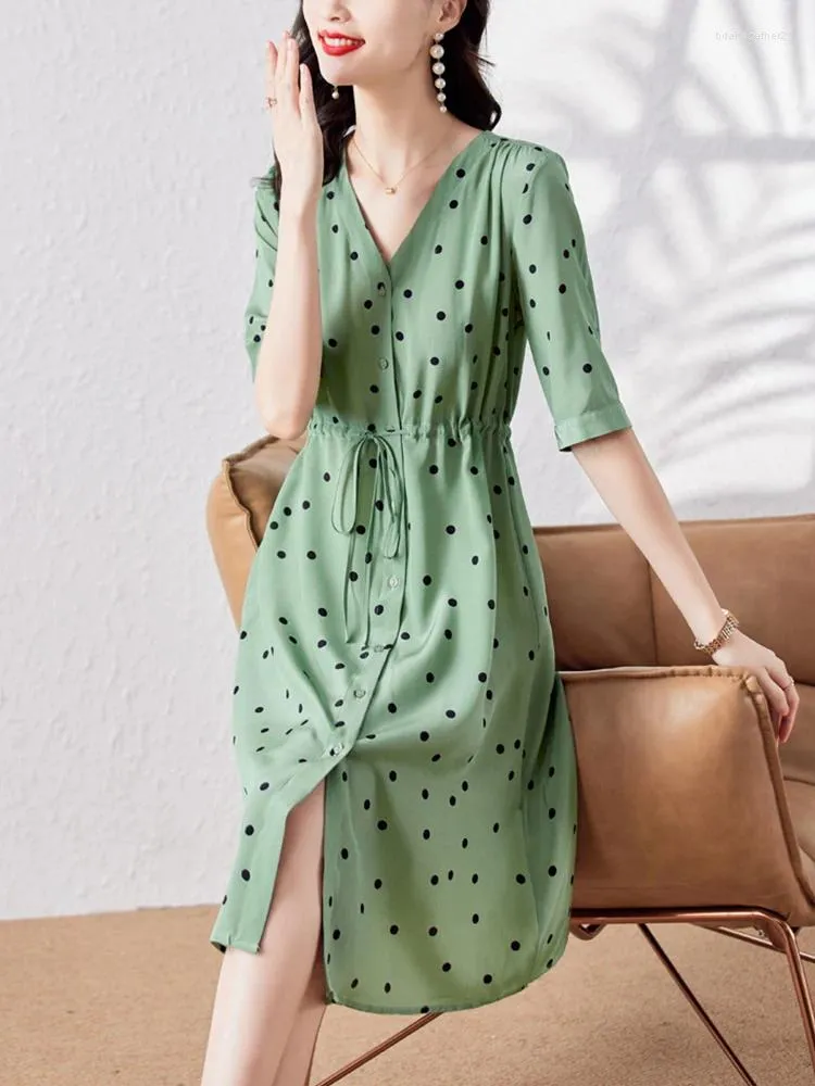 Sukienki imprezowe Summer Elegancka elegancka plaża midi jedwabna sukienka 2024 Zielona kropka tuki boho dla kobiet odzież w dekolcie w damcu na bal maturalny