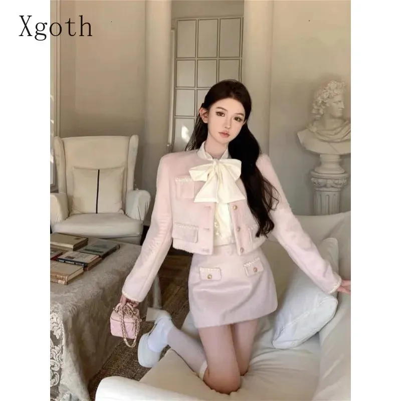 Xgoth rosa conjunto de saia feminina manga longa curto tweed jaqueta topos pequena fragrância hip envoltório mini saias meninas conjuntos de três peças 240305