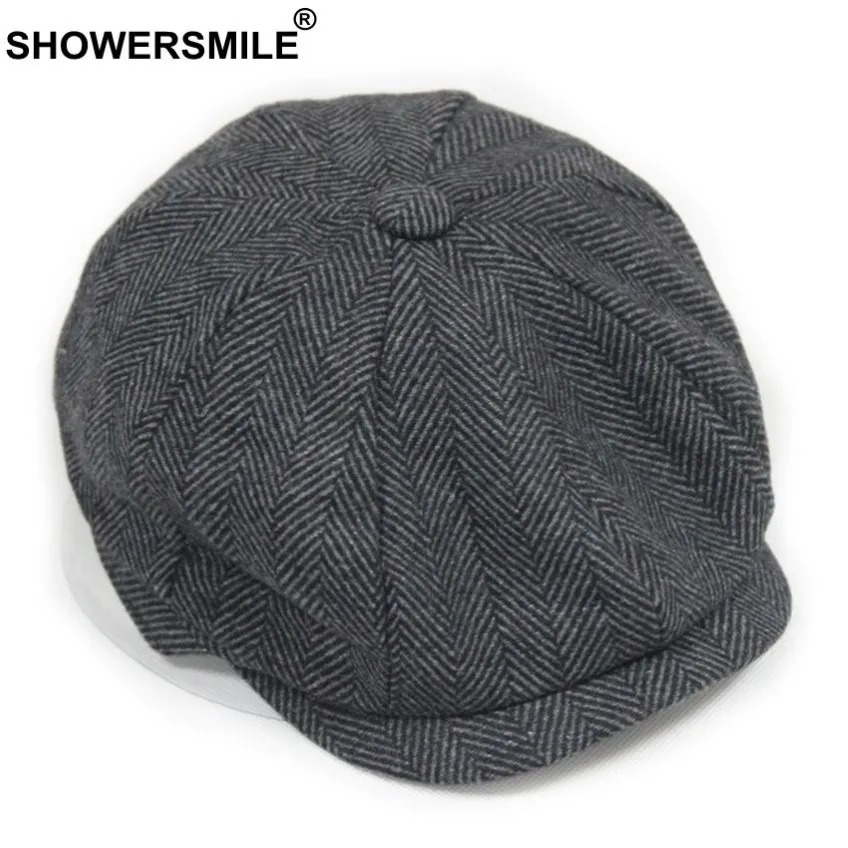 SHOWERSMILE Black Grey Wool Hat Man Newsboy Caps Herringbone Tweed Warm Winter Octagonal Hat Male Female Gatsby Retro Flat Caps S1257u