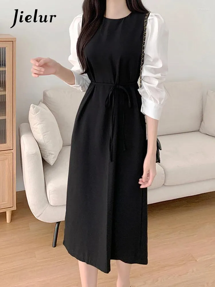 Casual Dresses Korean Chic French Woman Dress Contrast Color Slim Fashion Women Apricot Black Sweet Ladies Elegant Kvinna