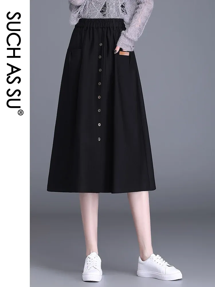 Dresses Such as Su Women Black Brown Elastic High Waist Skirts Autumn Winter S3xl Size Female Midlong Woven Pockets Pleated Skirt 7133