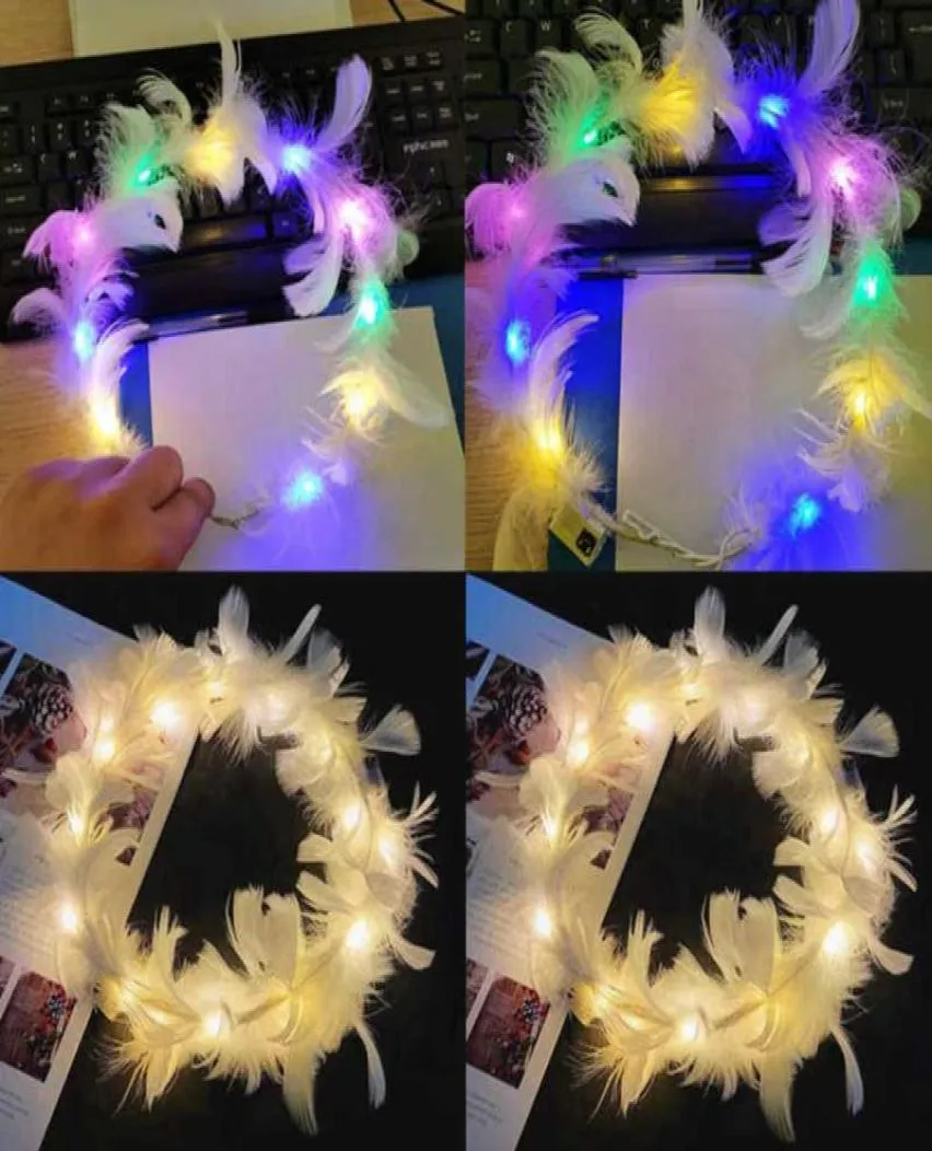Lysande LED -fjäderkrans Angel Fairy pannband med Flash Colorful Lights Hair Band Wedding Birthday Party Club Head Dress Night 5373300