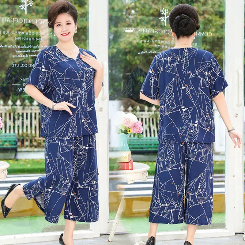 Suits MiddleAged Elderly Mother Pant Suit ShortSleeved Large Size Grandma Clothes Loose Spring Summer Womens Two Peice Sets 2XL8XL