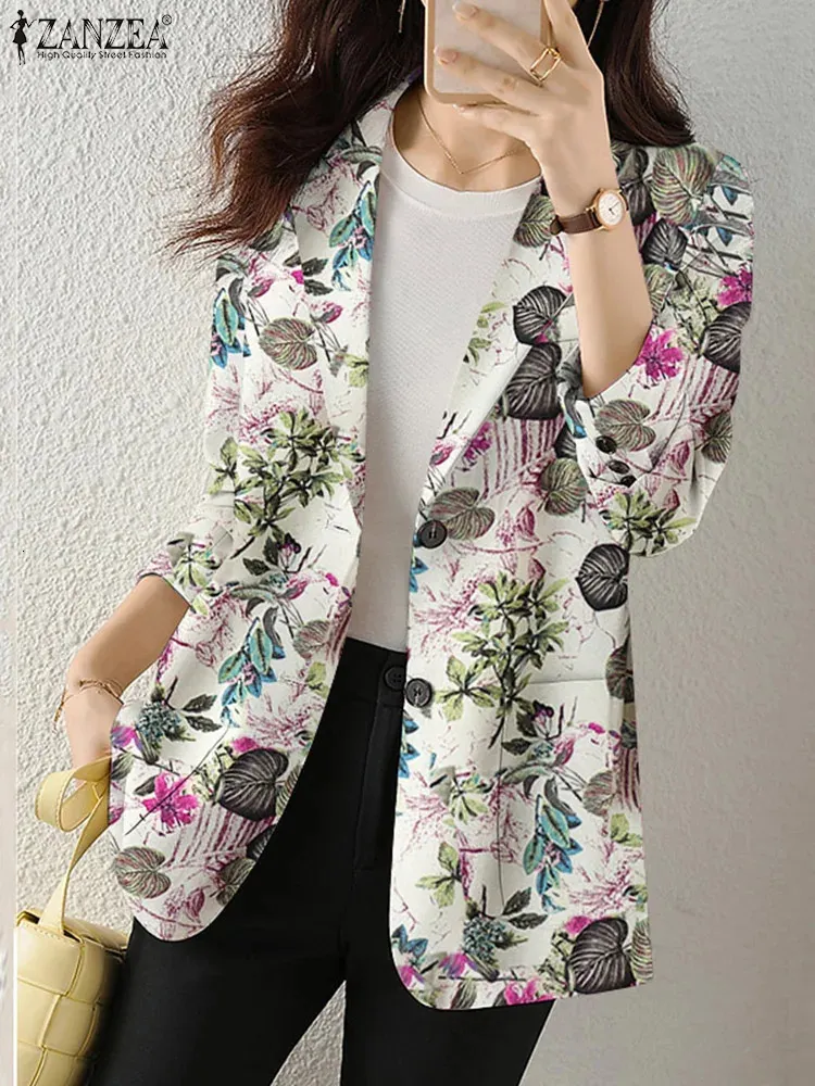 Mulheres outono blazer retro impresso casacos casual manga longa floral outerwear zanzea feminino único botão lapela jaquetas oversize 240223