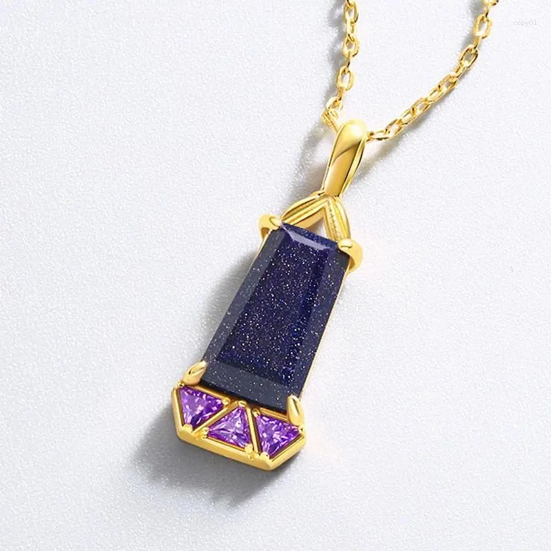 Pendants Blue Sand Crystal Necklace S925 Sterling Silver 10k Gold Plated Purple Zircon Sandstone Trapezoid Pendant Necklaces Women