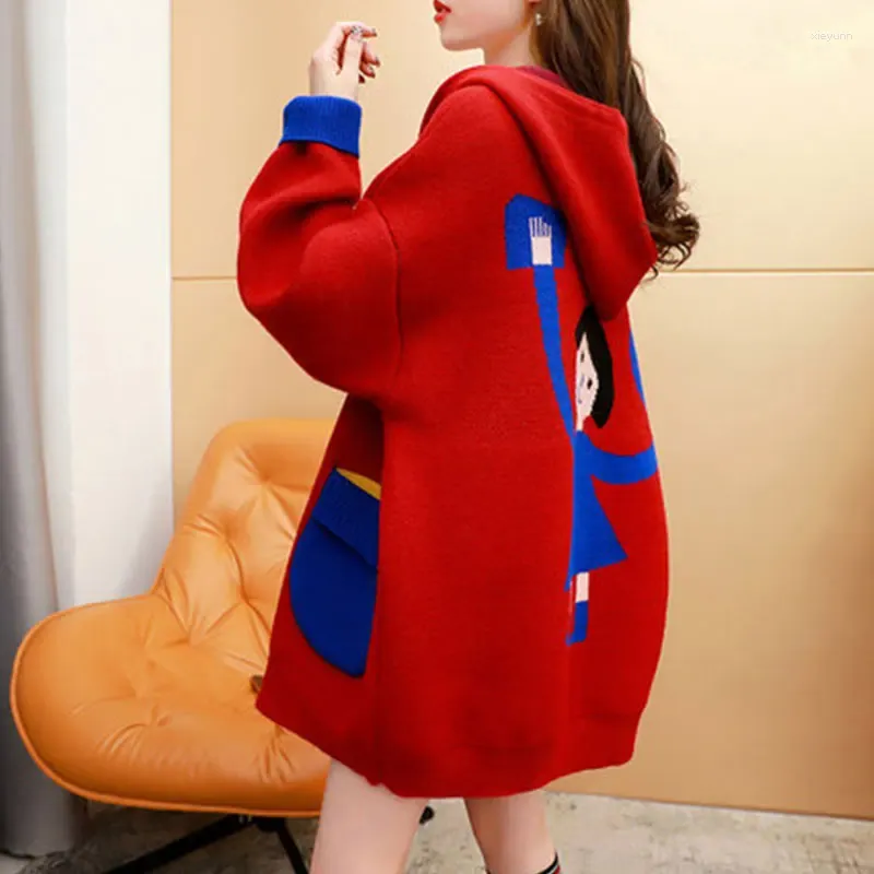 Maglieria da donna Moda Donna KniSweaters Cappotto Autunno Inverno Coreano Manica lunga Tasche con cappuccio Cardigan Indietro Cartoon Uomo Maglia casual