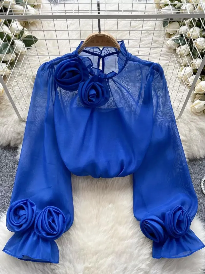Женские блузки, шифоновая блузка с 3D цветком и оборками, воротником с длинными рукавами, прозрачная с подкладкой, женские винтажные элегантные топы из Франции для пожилых людей