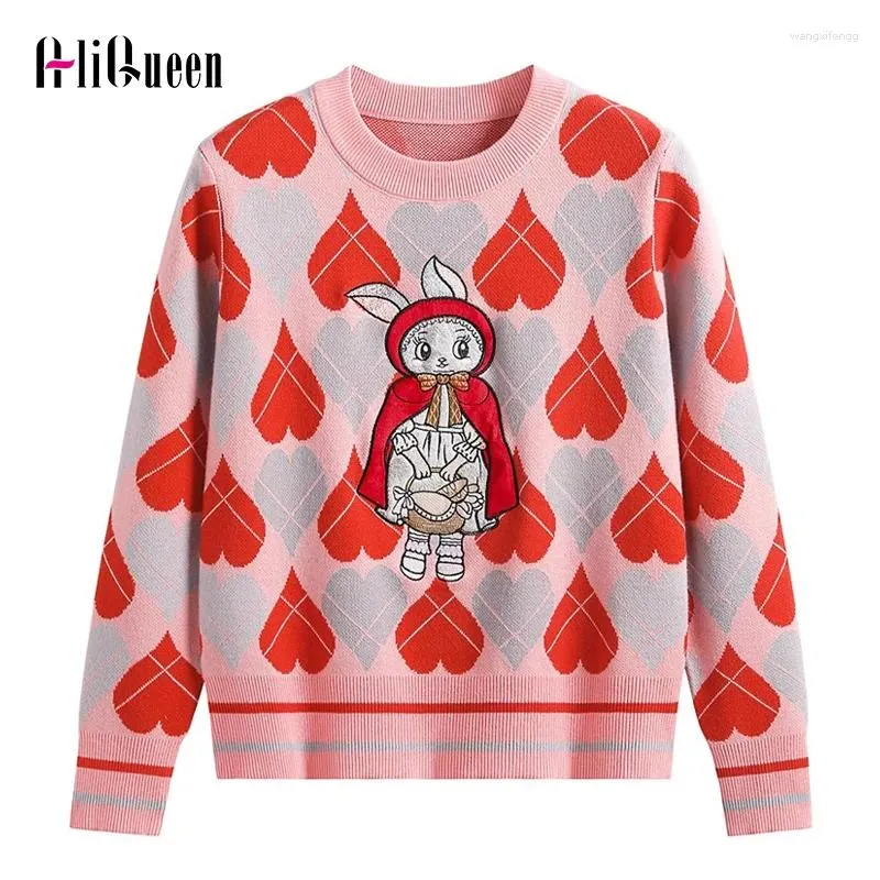 Damenpullover Liebe Cartoon Jacquard Pullover Pullover Frauen Herbst Winter Vintage O-Ausschnitt Langarm Strickoberteile Jumper Strickwaren Femme