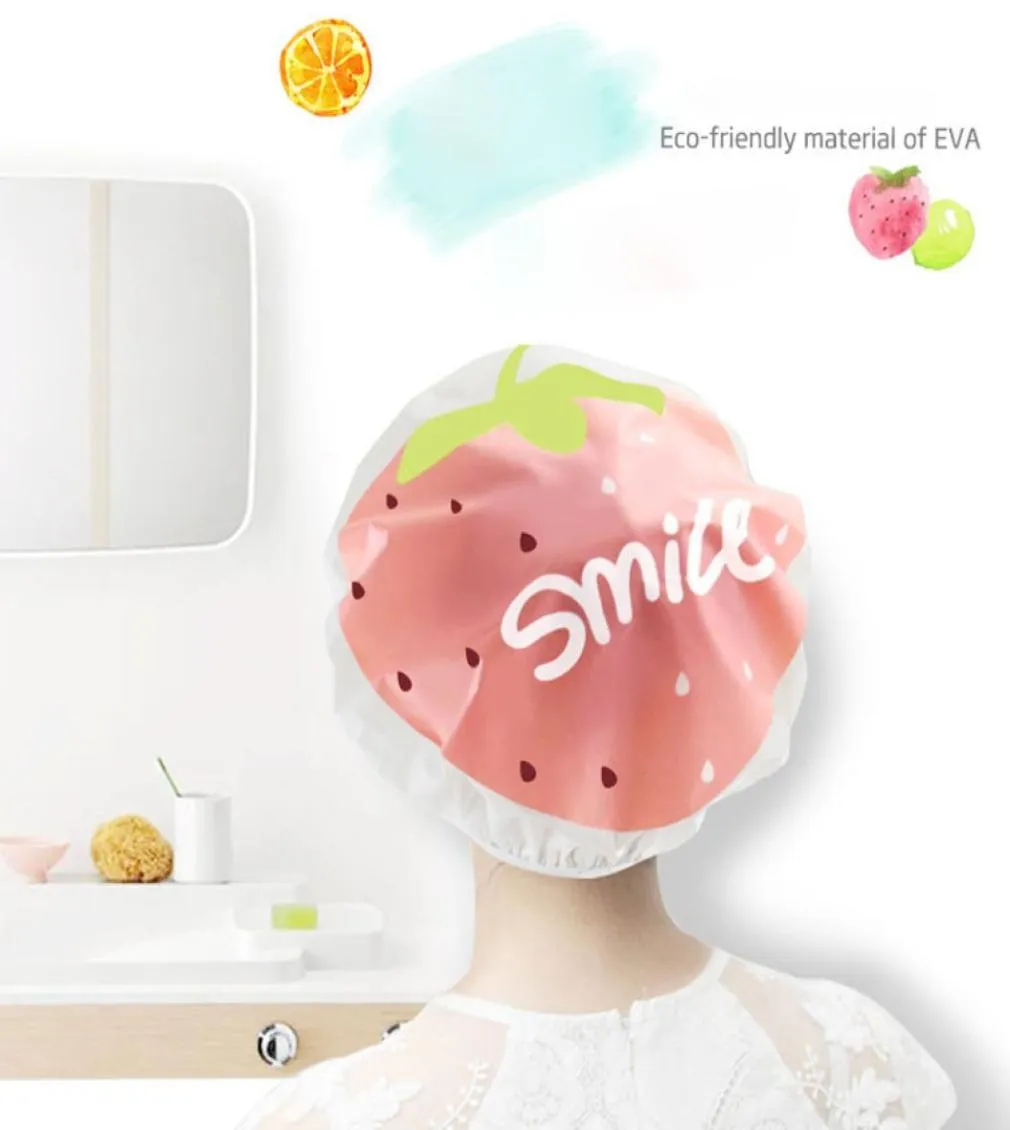 Adorável touca de banho de frutas fofas morango melancia padrão touca de banho à prova d'água saunas spa chapéus para mulheres meninas 3642173
