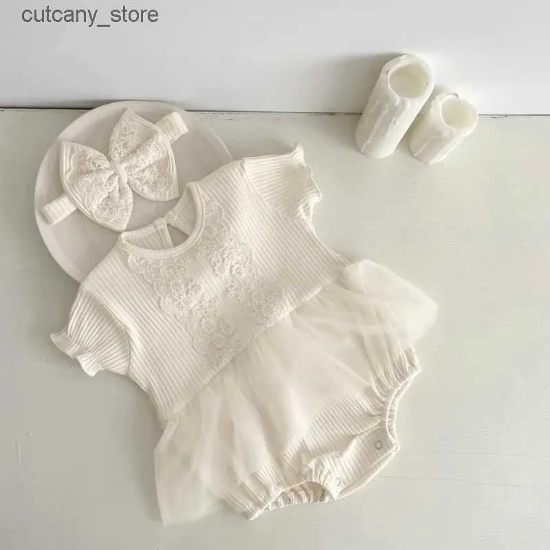 Jumpsuits Spring Summer Newborn Kids Baby Girls Lace Floral Rompers Infant Kids Toddlers Embroidery Jumpsuit Clothes with Headband HY03041 L240307