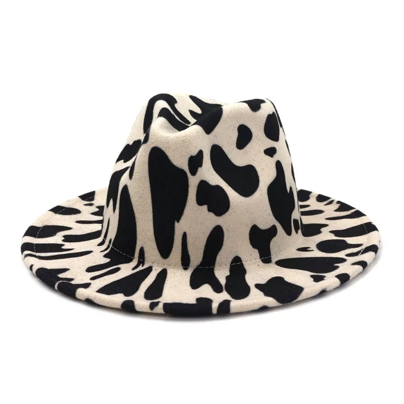 Chapeau en feutre de Jazz imprimé vache, Style européen et américain britannique, chapeaux Fedora en fausse laine pour femmes et hommes, à large bord, Panama, fête formelle, Hat273S