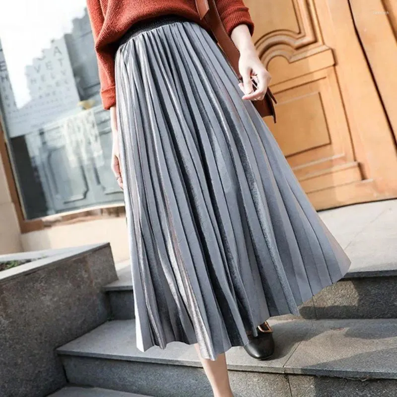 Skirts Elastic Skirt Pleated Solid Color Chic Women Waistband Velvet Large Swing Long