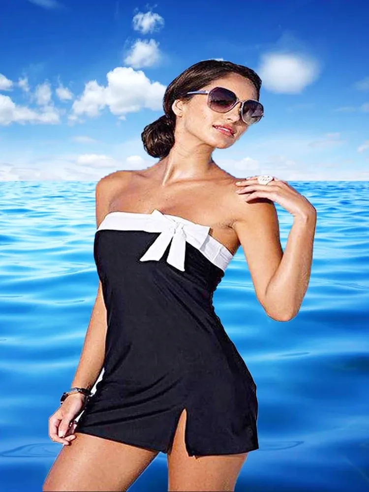 Cover-up Été Sexy Bikini Cover Up Femmes Vacances Moulante Hors Épaule Noir Patchwork Maillot De Bain Mini Robe De Plage Beachwear Robe De Plage