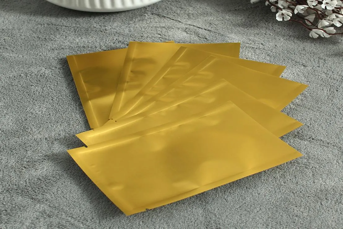 200pllot Matte Gold Otwarte Top Pakiet Mylar Torby Uszczelka cieplna Worki próżniowe Trzy boczne uszczelnienie zaworu foliowego aluminium Płaskie dno PO1586041
