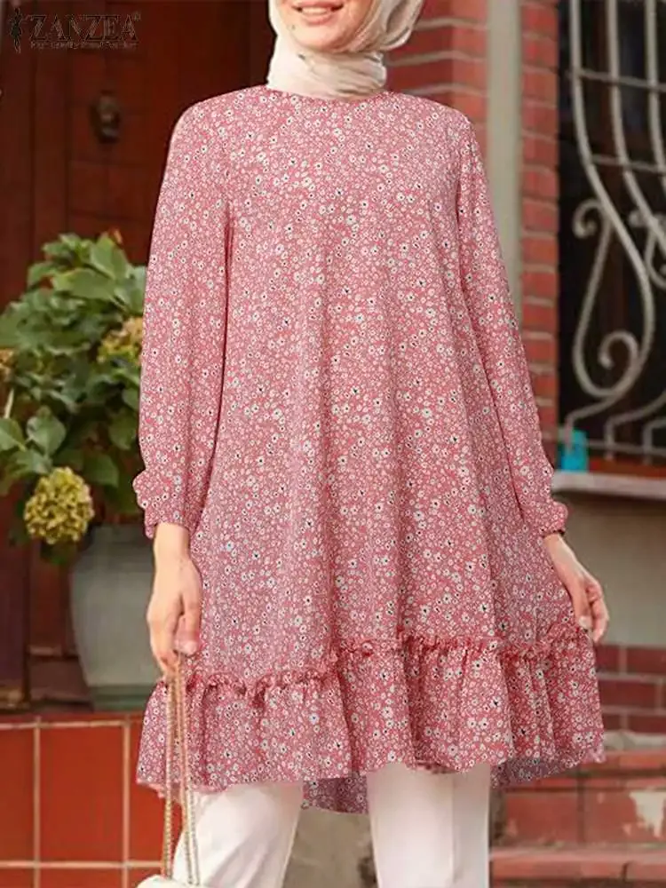 Kleidung Zanzea Bohemianlong Ärmel Rüschen Saum Tops Frau Freizeit Hemd Hemd Elegante islamische Kleidung florale gedruckte muslimische Bluse