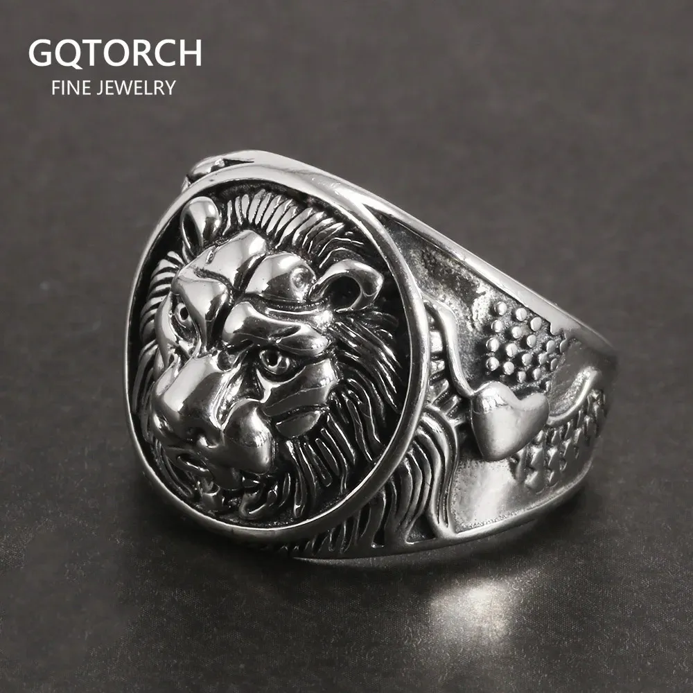 Solid 925 Sterling Silver Mens Lion Ring Vintage Steampunk Retro Biker Rings For Men Trees Deers Engraved Male Jewelry 240220