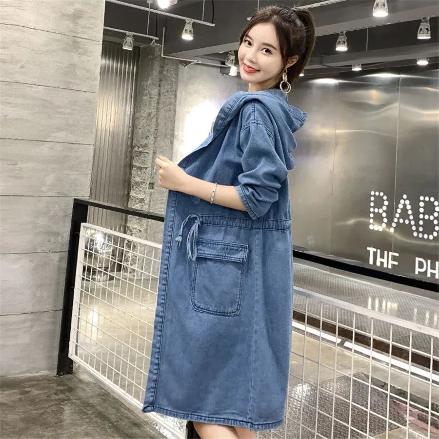 Trench Women Casual Denim Jackets Autumn Jean Drawstring Outwear Female Long Sleeve Top Lady Hooded Coat Cardigan Oversized