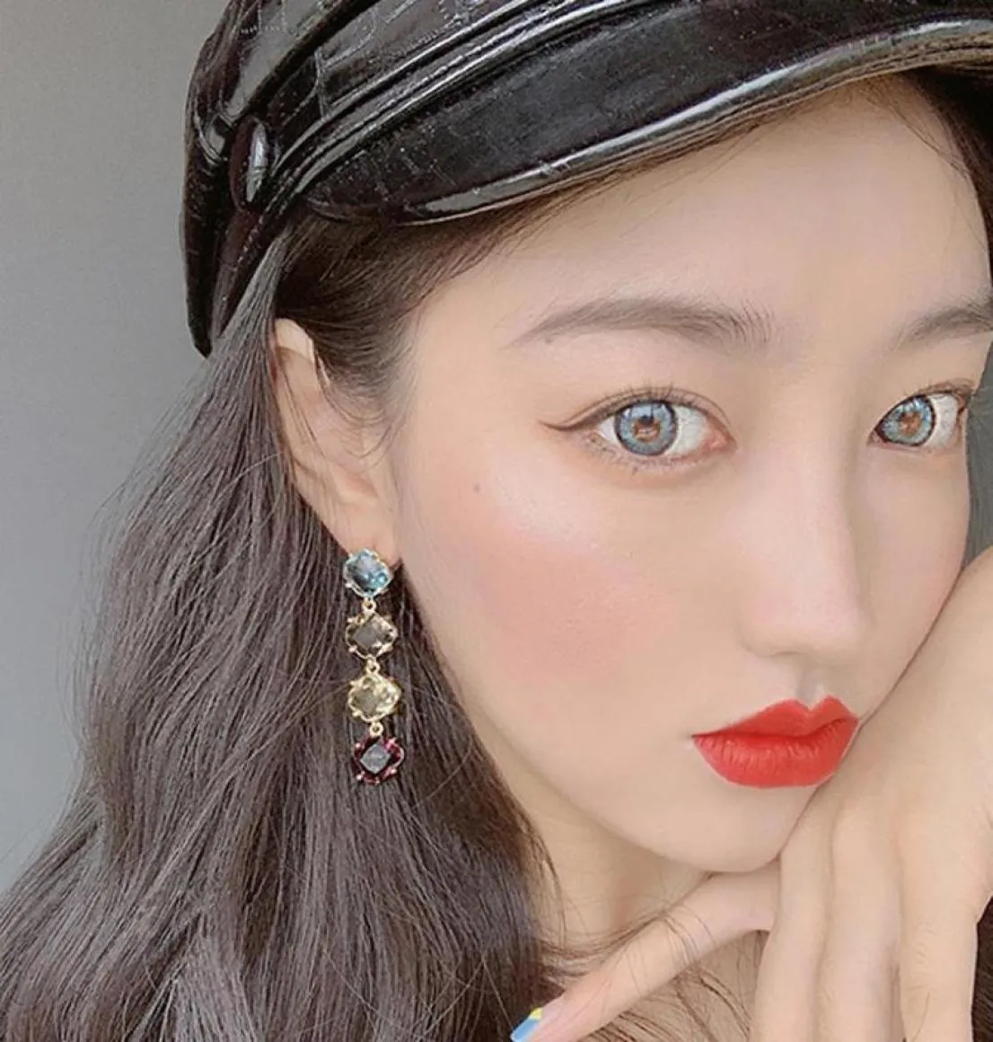 Stud South Korean Earrings Color Crystal Contrast IU Same Style Tassel Long Face Thin Women039s5958870