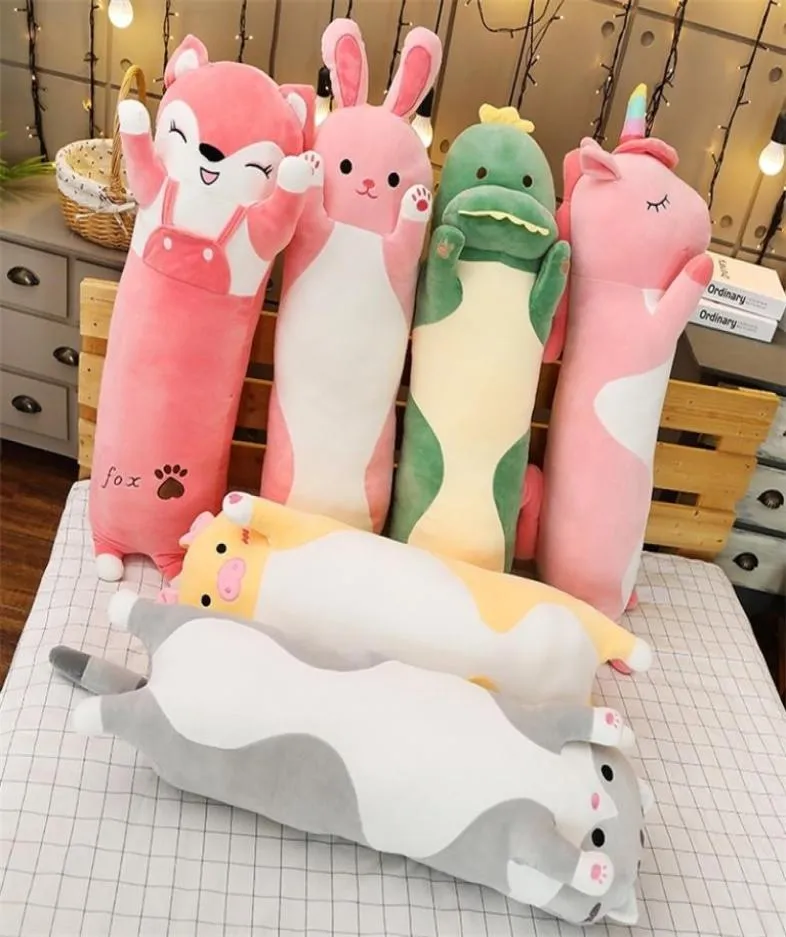 Dessin animé longs animaux en peluche Squishy dormir ami trucs chat lapin cochon renard dinosaure licorne poupée cadeau de noël 7090120 cm 202233002