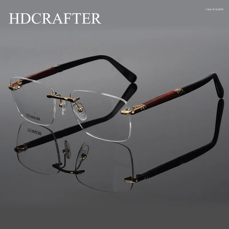 Sunglasses Frames HDCRAFTER Titanium Rimless Glasses Frame Men Wooden Optical Eyeglasses Prescription Myopia Hyperopia Eyewear Spectacles
