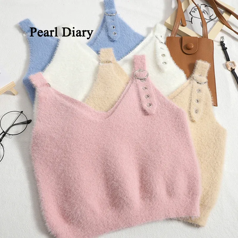 Camis Pearl Diary Spring Comfortable Knitted Vest Top Women Double VNeck Show Thin Condole Belt Solid Color Korean Style Fashion Tops