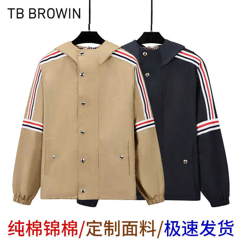 メンズジャケットTB Browin New Autumn Winter Jacket Korean Red White Blue Stripe Coatフード付きダブル胸部ジャケット