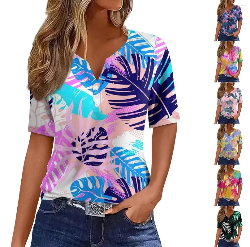 Camisetas De Mujer Camisetas informales con estampado De hojas Camiseta con cuello en V De manga corta con botones decorativos Top juvenil De tipo delgado Ropa De Mujer