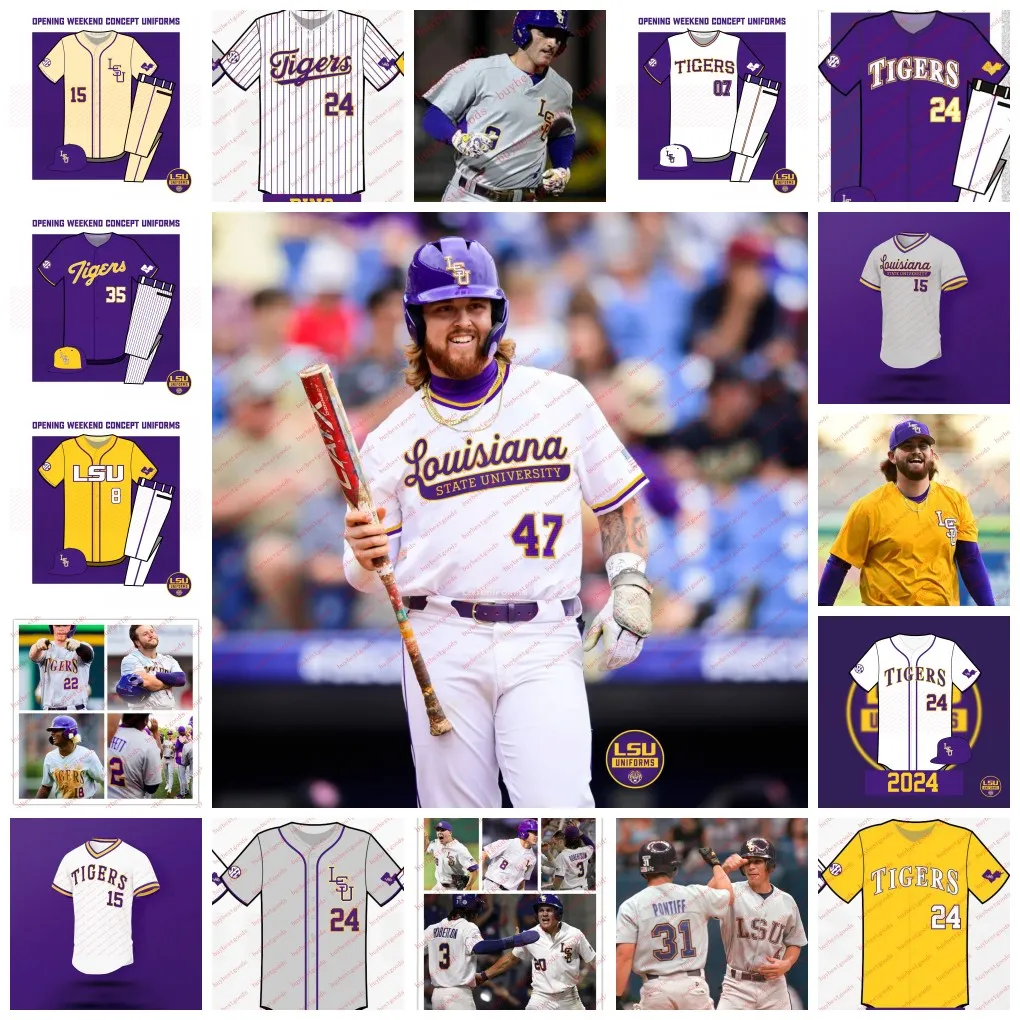 Maillot de baseball LSU personnalisé 38 Luke Holman 30 Nate Ackenhausen 8 Hayden Travinski 7 Alex Milazzo 10 Michael Braswell Maillots LSU Tigers cousus sur mesure