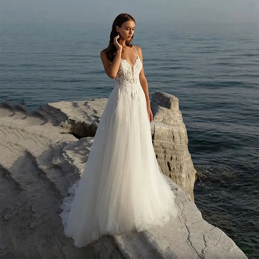 summer wedding dresses on the beach A-line Lace Beach Wedding Dresses with Slit Ivory Backless Sexy Summer Wedding Dresses apd1449