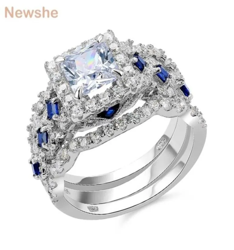 Ela conjuntos de anéis de casamento joias clássicas 3 peças prata esterlina 925 26ct branco azul aaaaa cz anéis de noivado para mulheres jr4972 2202237371491