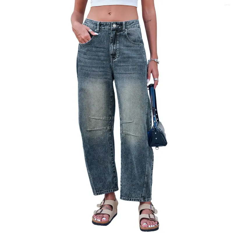 Jeans femininos mid rise barril para mulheres perna larga cintura cortada calças jeans baggy solto senhoras casual desgaste diário