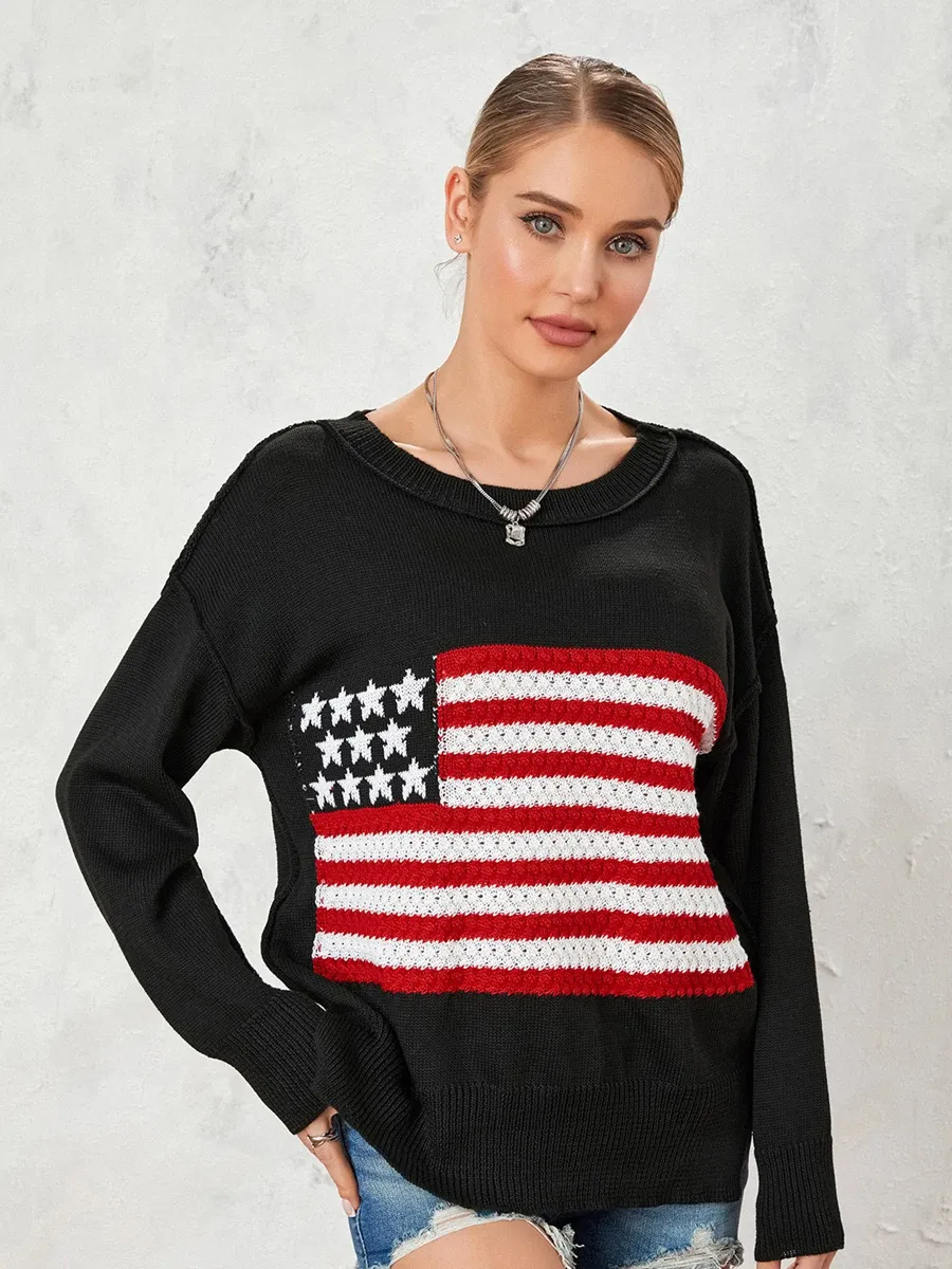 Pullovers Women American Flag Sweater Vintage Print Long Sleeve Crewneck Knitted Jumper 90s Aesthetic Knit Pullover Streetwear