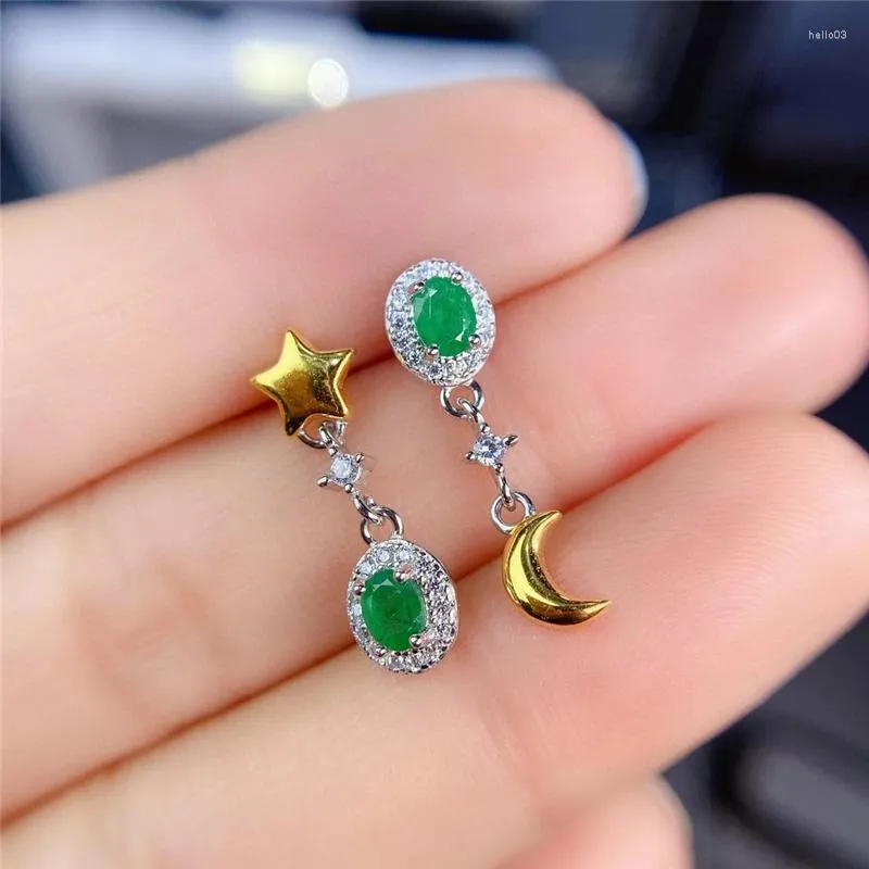 Dingle örhängen Weainy Asymmetrical Emerald S925 Silver Moon and Stars utsökta kvinnor