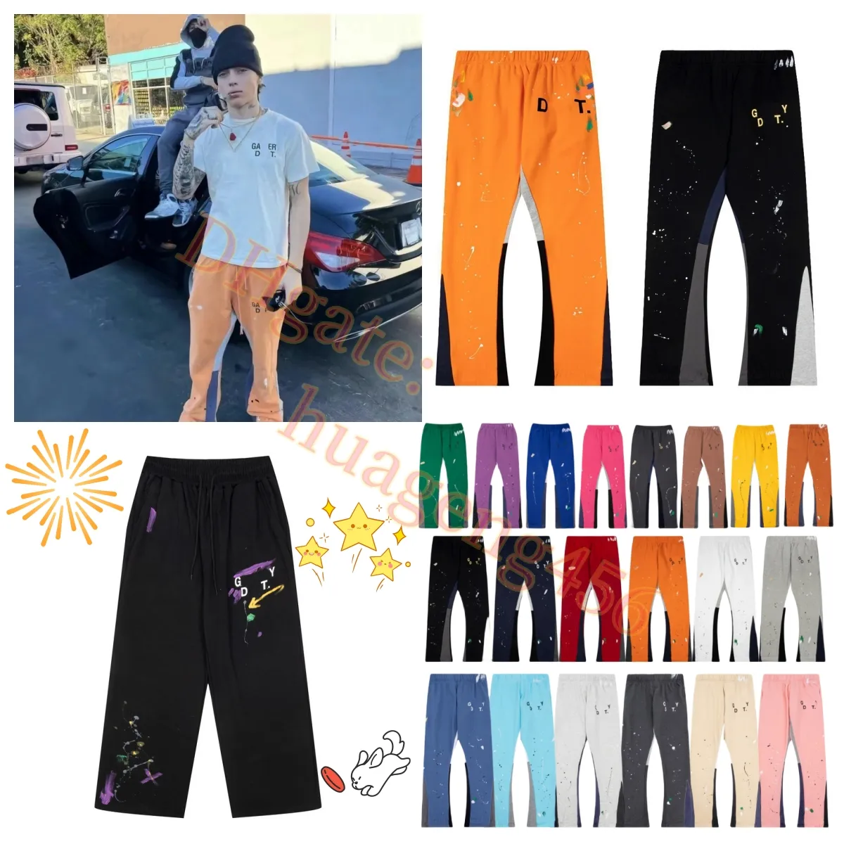 gallerydept-Hosen Herren- und Damen-Hosen mit handgemaltem Graffiti-Tintenspritzer, High-Street-Kordelzug, lockere, lässige Hosen mit weitem Bein, lange Hosen, Hygienehosen