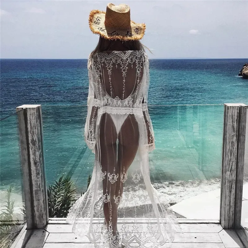 Cover-up Women Sexy Beach Dress White Chiffon Lace Kimono Beach Bikini Cover Up Wrap Cardigan Beachwear Hollow Out Long Dress Sundress